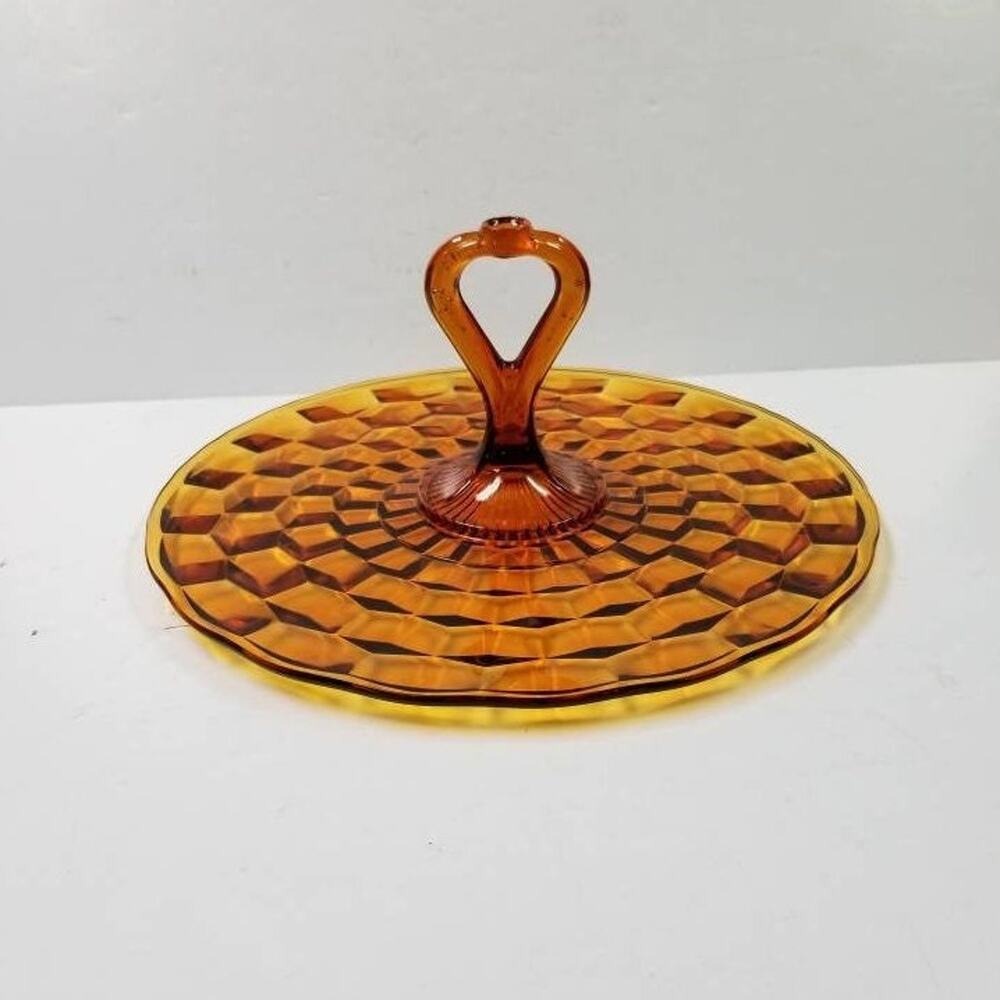 Vintage Indiana Glass Whitehall Amber Cubist Center Handle Serving Tray Plate